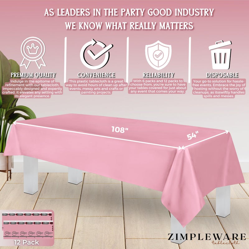ZIMPLEWARE Premium Pink Plastic Table Cloth Disposable (12 Pk) Plastic Tablecloths for Rectangle Tables (54in x 108in) Party Table Cloths Disposable for 6ft to 8ft Rectangle Tables - Image 3